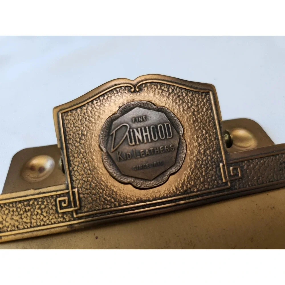 Small Antique Brass Advertising Clipboard Dunhood Leathers Whitehead & Hoag Co